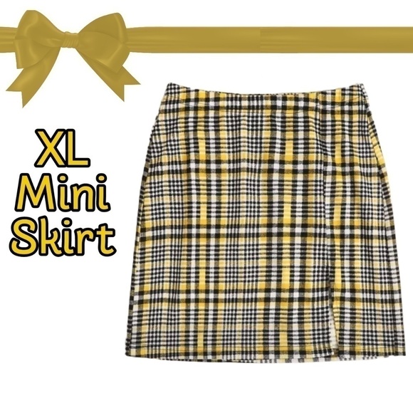 XL Yellow Plaid Mini Pencil Slit Skirt - Picture 1 of 1